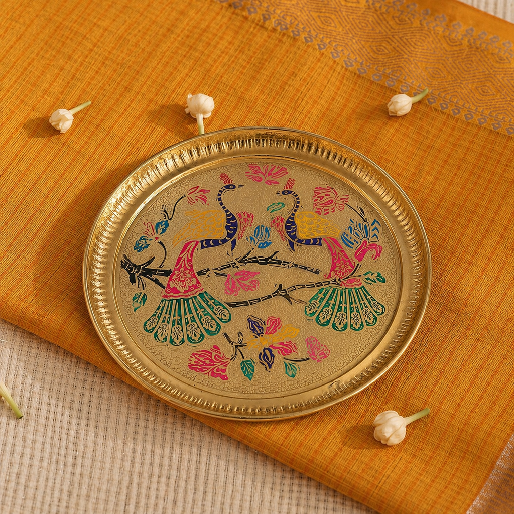 Peacock Design Brass Decorative Plate - Meenakari Design