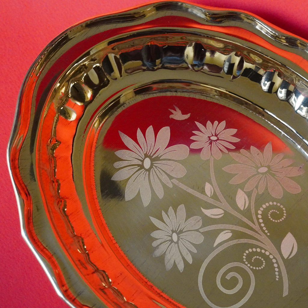 Brass Oval Pooja Plate with Flower Design | Decorative Offering Plate