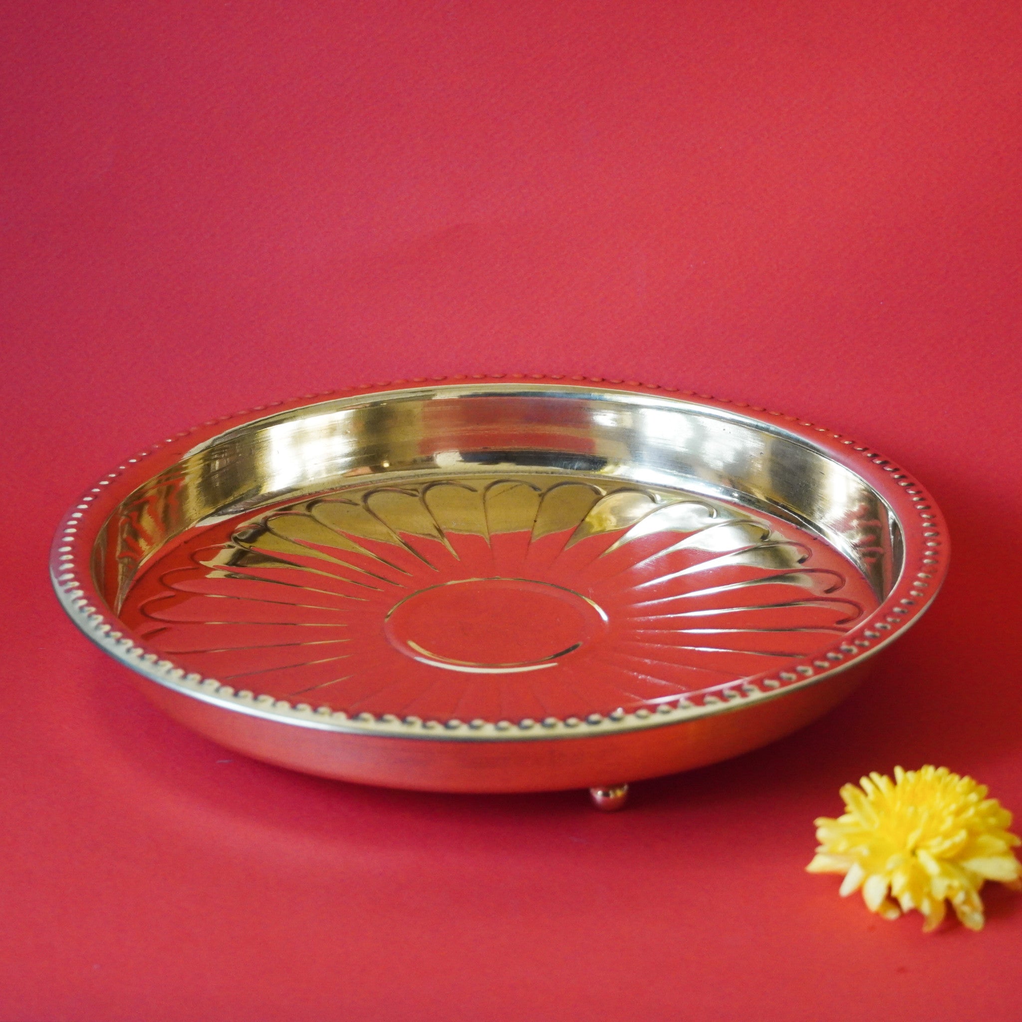 Brass Pooja Plate with Stand | Traditional Aarti Thali with 3 Legs