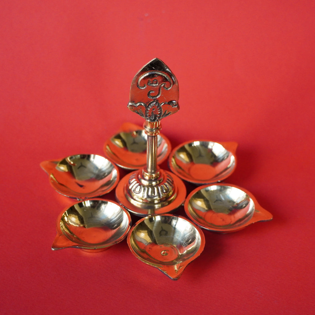 Brass Vel Vilakku Deepam | Flower Oil Lamp with Murugan Vel