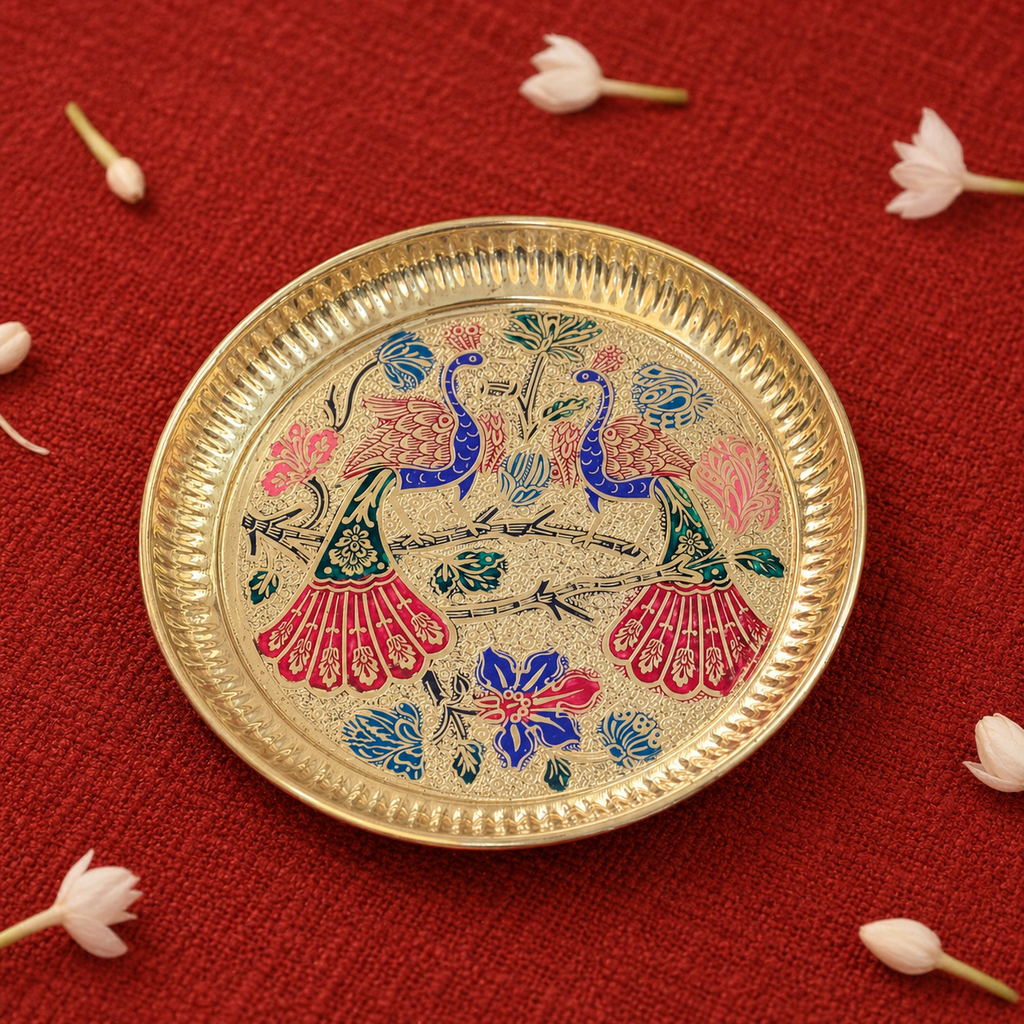 Peacock Design Brass Decorative Plate - Meenakari Design