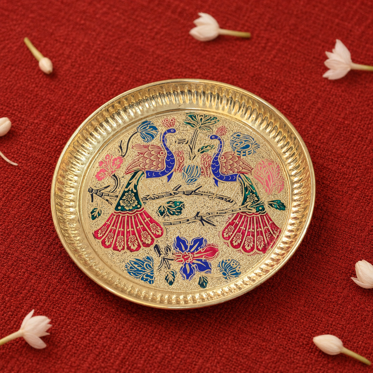 Peacock Design Brass Decorative Plate - Meenakari Design